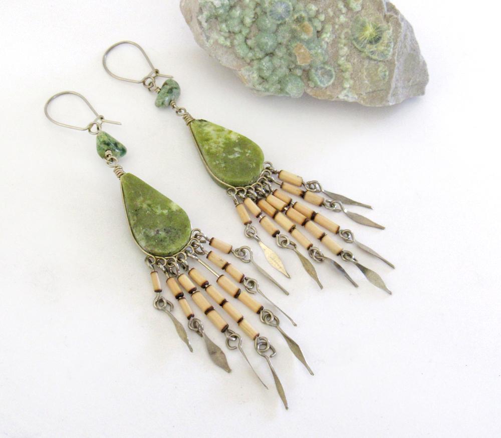 Long Bohemian Gypsy Fringe Dangle Earrings with Green Serpentine Stones - Vintage Boho Hippie Fashion Jewelry