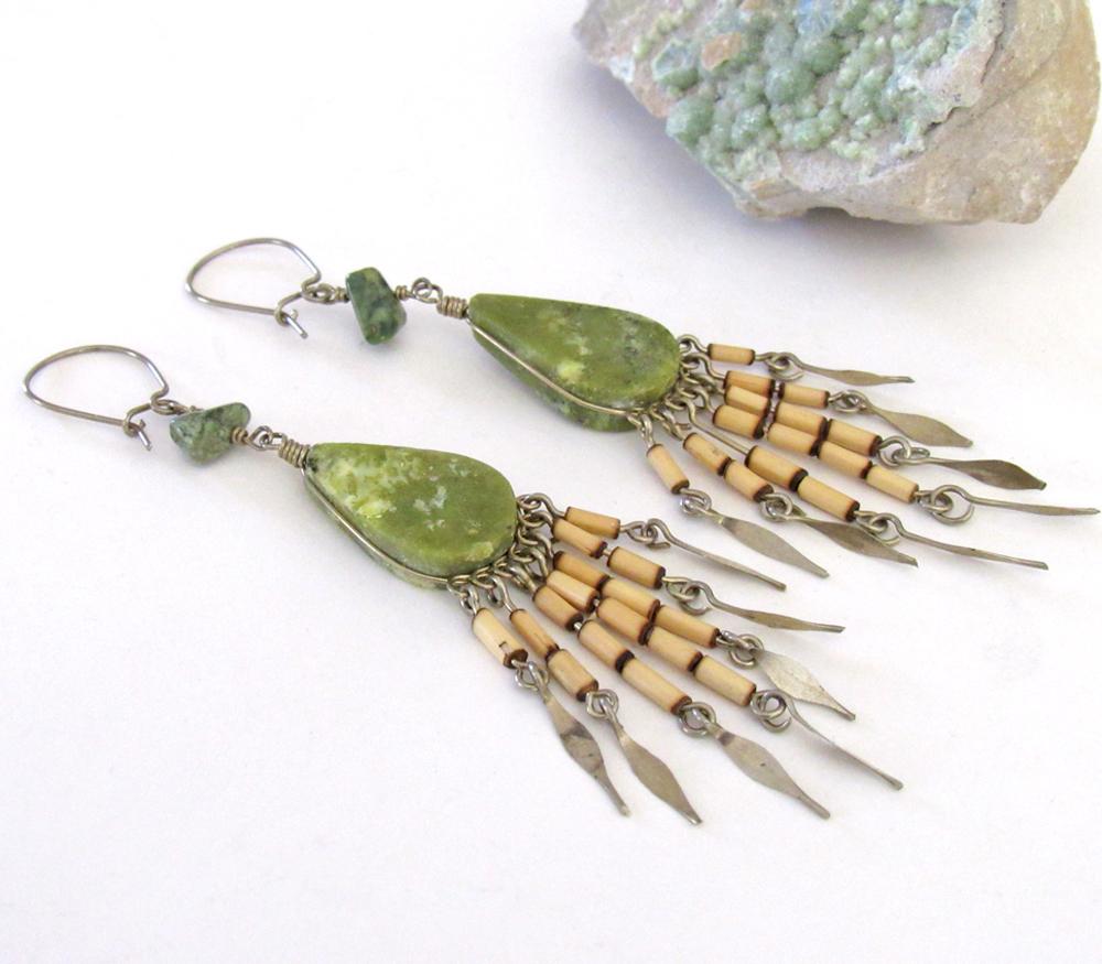 Long Bohemian Gypsy Fringe Dangle Earrings with Green Serpentine Stones - Vintage Boho Hippie Fashion Jewelry