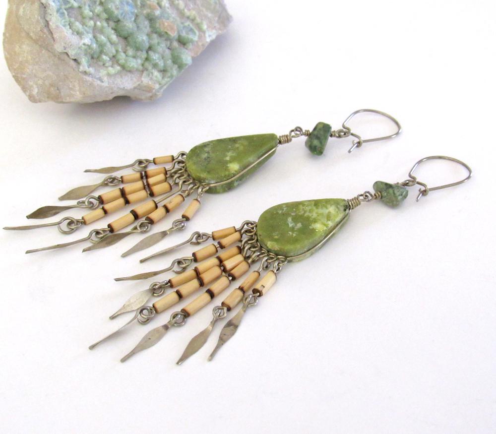 Long Bohemian Gypsy Fringe Dangle Earrings with Green Serpentine Stones - Vintage Boho Hippie Fashion Jewelry