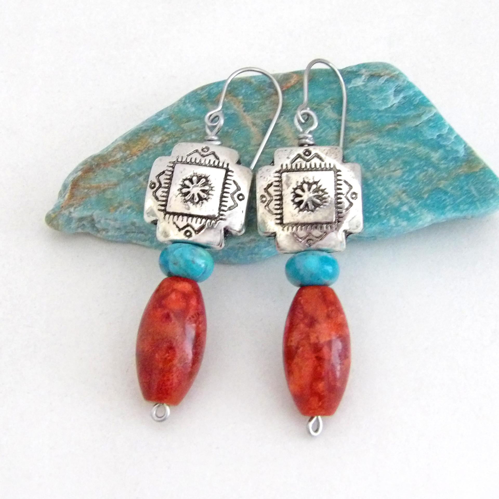 Southwest Silver Tribal Cross Earrings with Turquoise & Red Coral - Native Style Southwestern Jewelry