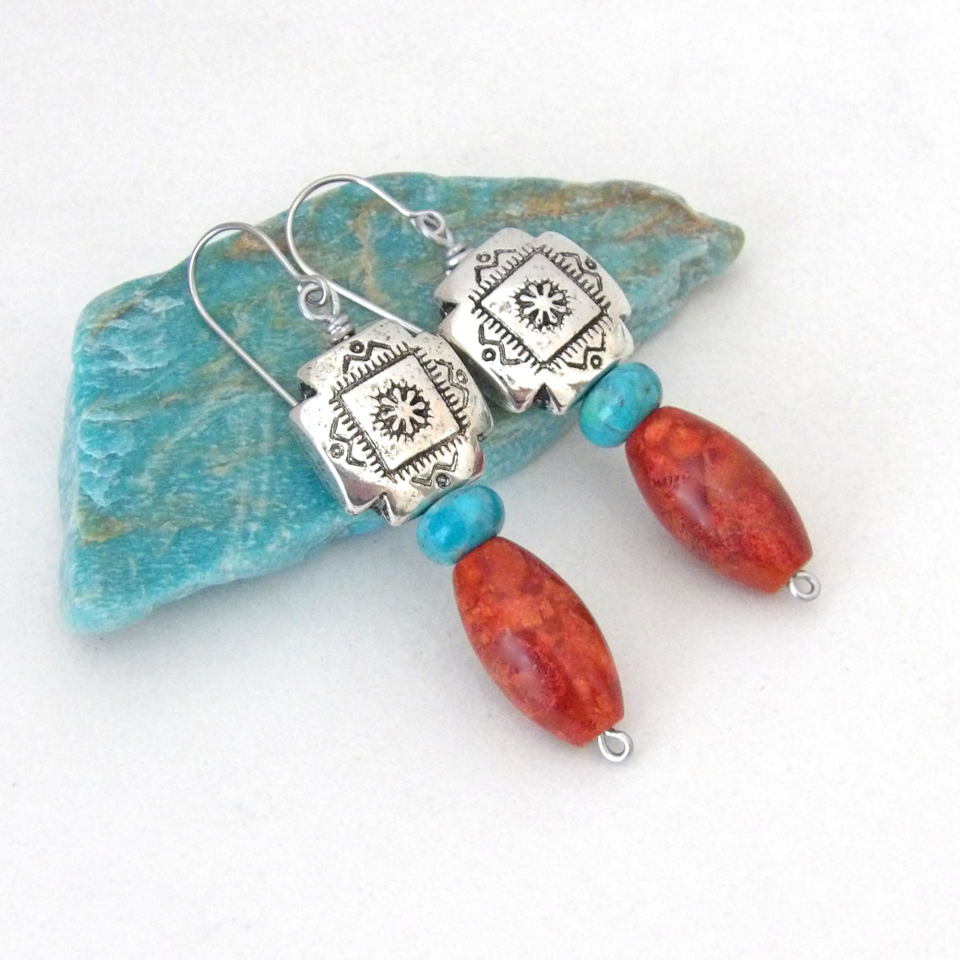 Southwest Silver Tribal Cross Earrings with Turquoise & Red Coral - Native Style Southwestern Jewelry