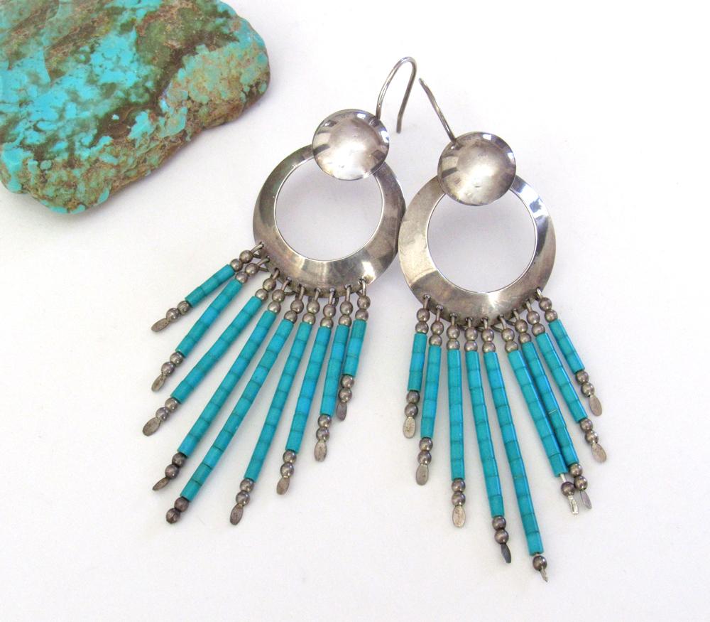 Southwestern Sterling Silver & Turquoise Earrings with Long Fringe Dangles - Vintage Southwest Jewelry