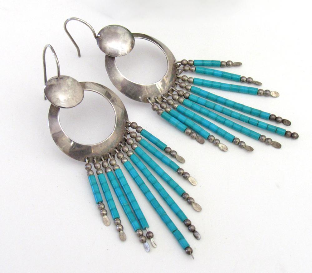 Southwestern Sterling Silver & Turquoise Earrings with Long Fringe Dangles - Vintage Southwest Jewelry