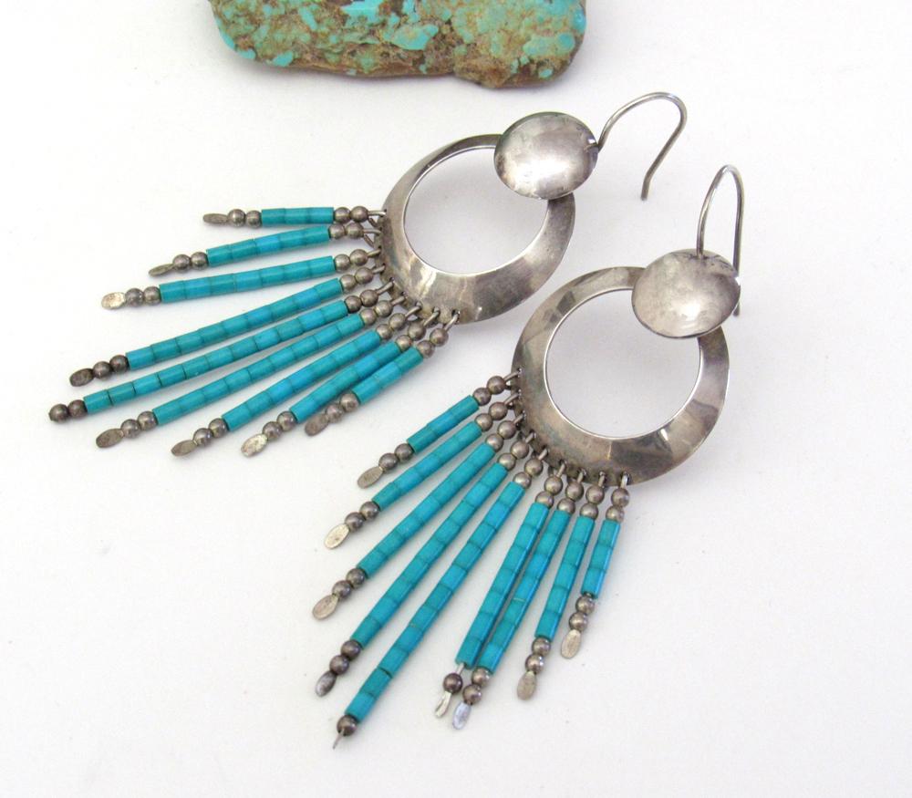 Southwestern Sterling Silver & Turquoise Earrings with Long Fringe Dangles - Vintage Southwest Jewelry