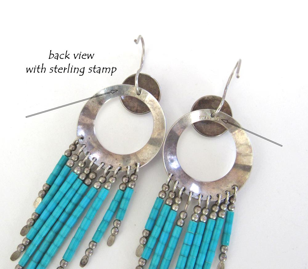 Southwestern Sterling Silver & Turquoise Earrings with Long Fringe Dangles - Vintage Southwest Jewelry