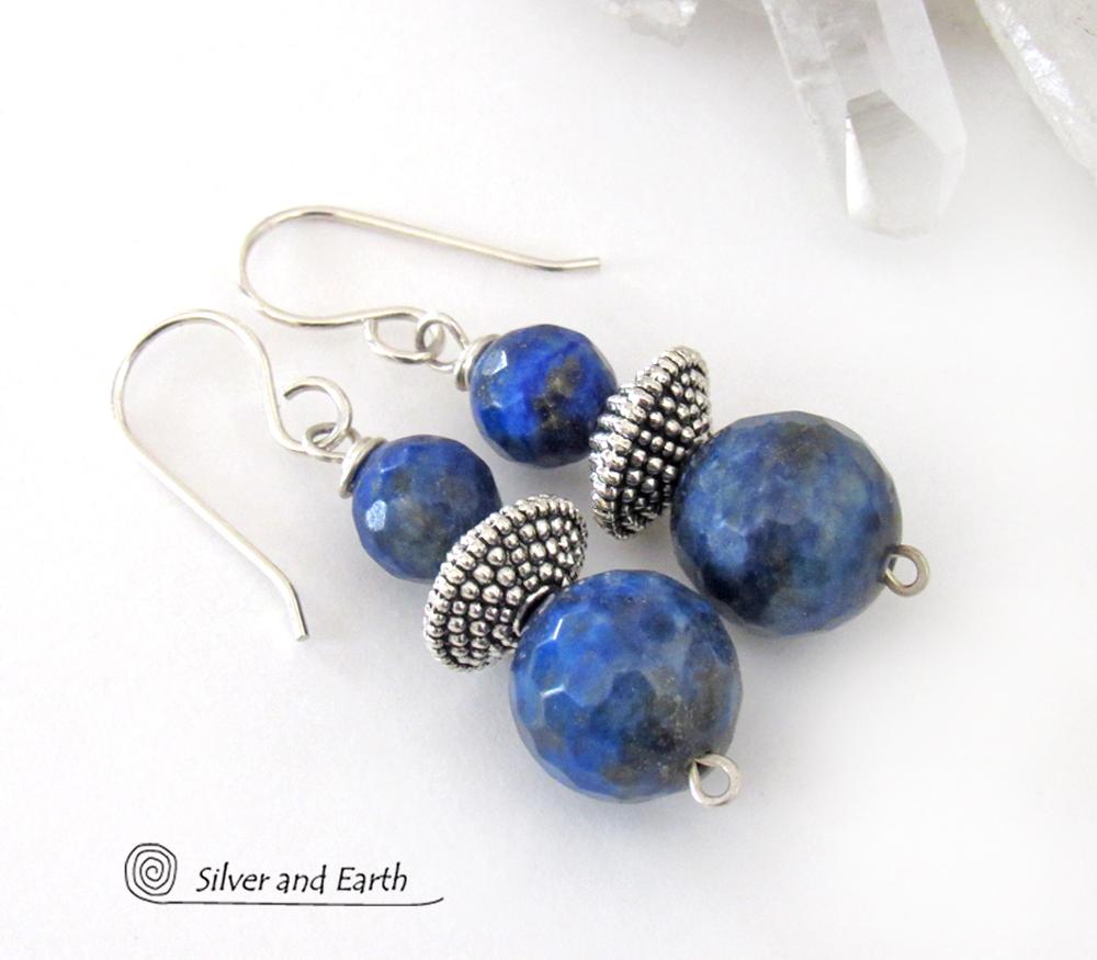 Small Blue Lapis Lazuli Gemstone Dangle Earrings on Sterling Silver Ear Wires 