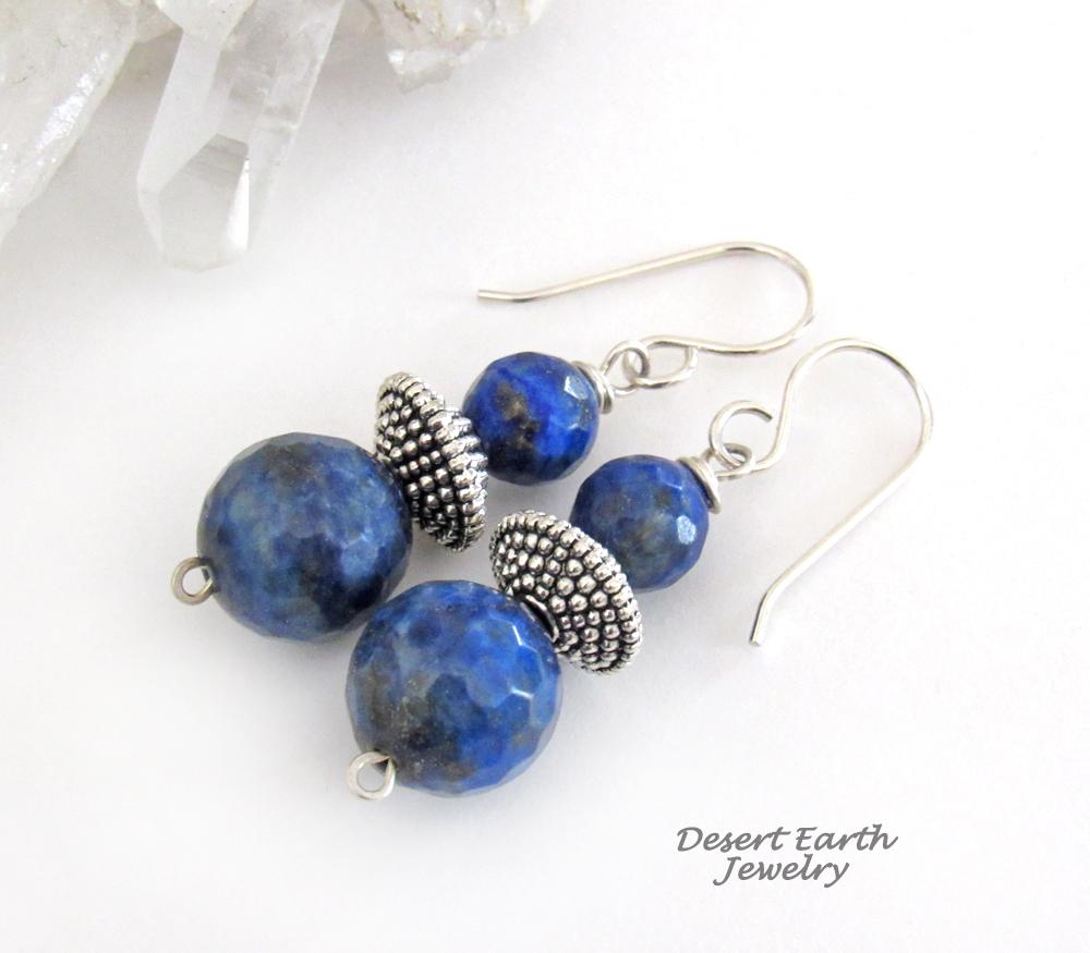 Small Blue Lapis Lazuli Gemstone Dangle Earrings on Sterling Silver Ear Wires 