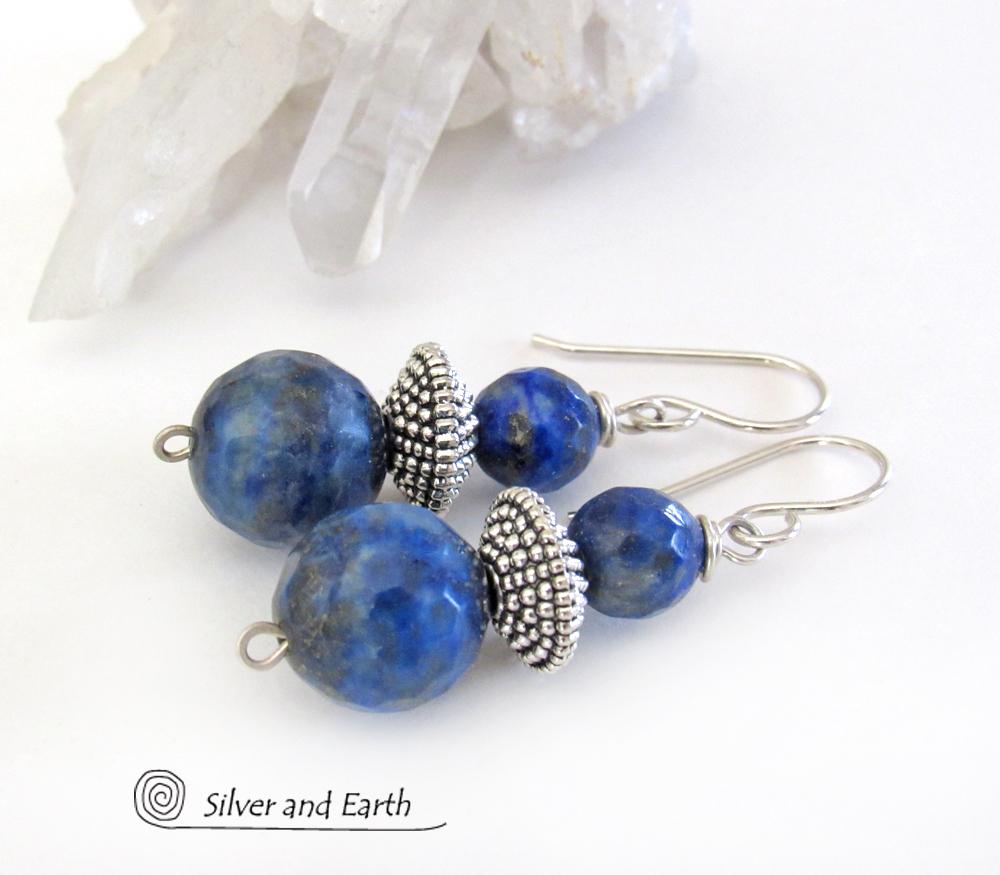 Small Blue Lapis Lazuli Gemstone Dangle Earrings on Sterling Silver Ear Wires 