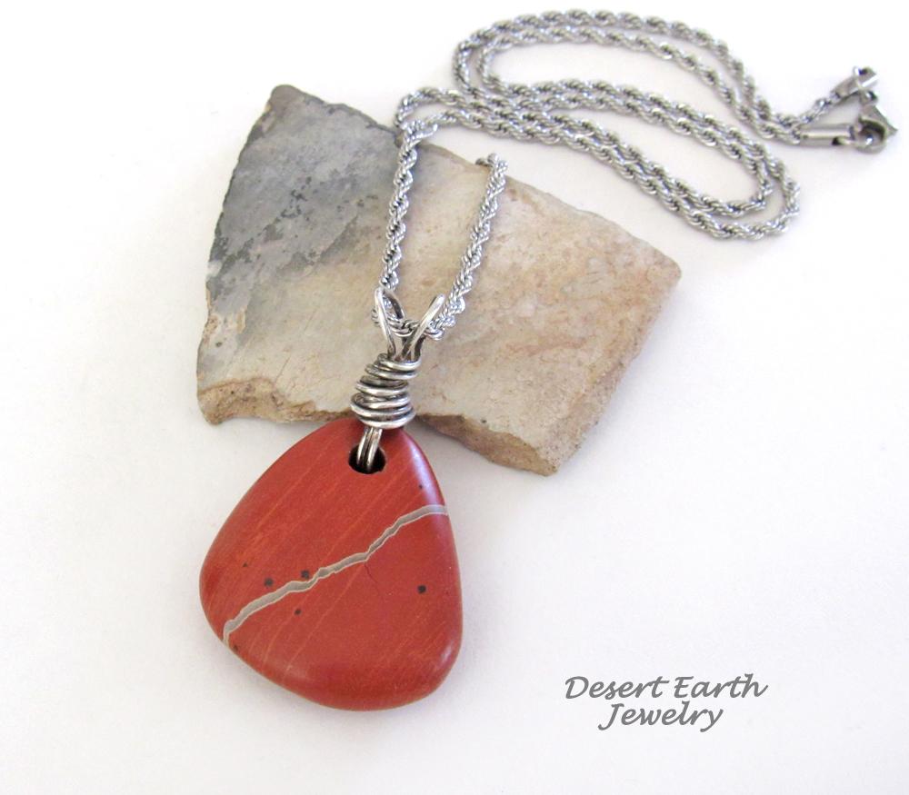 Red Jasper Pendant Necklace Wrapped in Sterling Silver - Earthy Natural Gemstone Jewelry