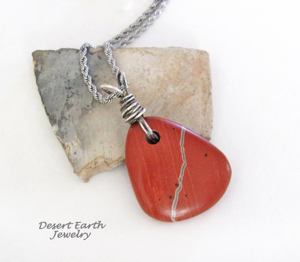 Rock Necklace, Natural Red River Rock Stone Pendant Leather Necklace,  Hypoallergenic Jewelry