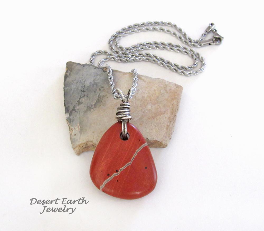 Red Jasper Pendant Necklace Wrapped in Sterling Silver - Earthy Natural Gemstone Jewelry