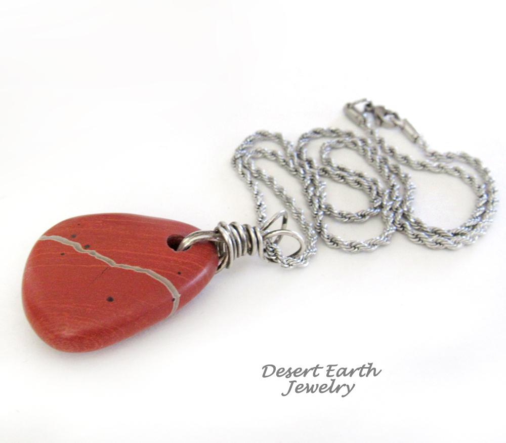 Red Jasper Pendant Necklace Wrapped in Sterling Silver - Earthy Natural Gemstone Jewelry