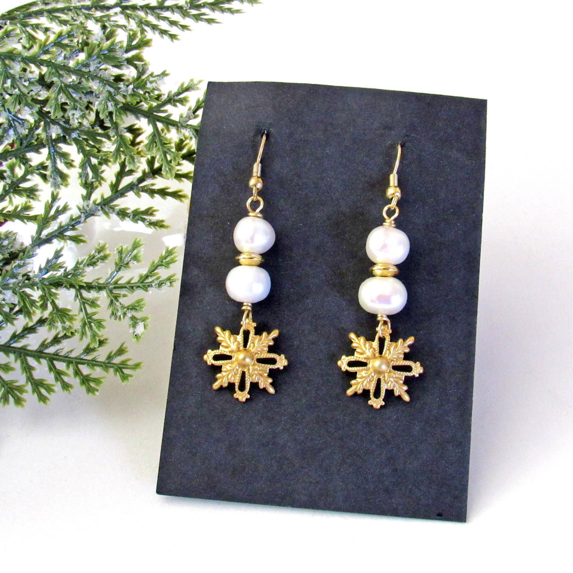 White Pearl and Gold Brass Snowflake Dangle Earrings - Elegant Modern Classic Chic Jewelry Gifts for Women