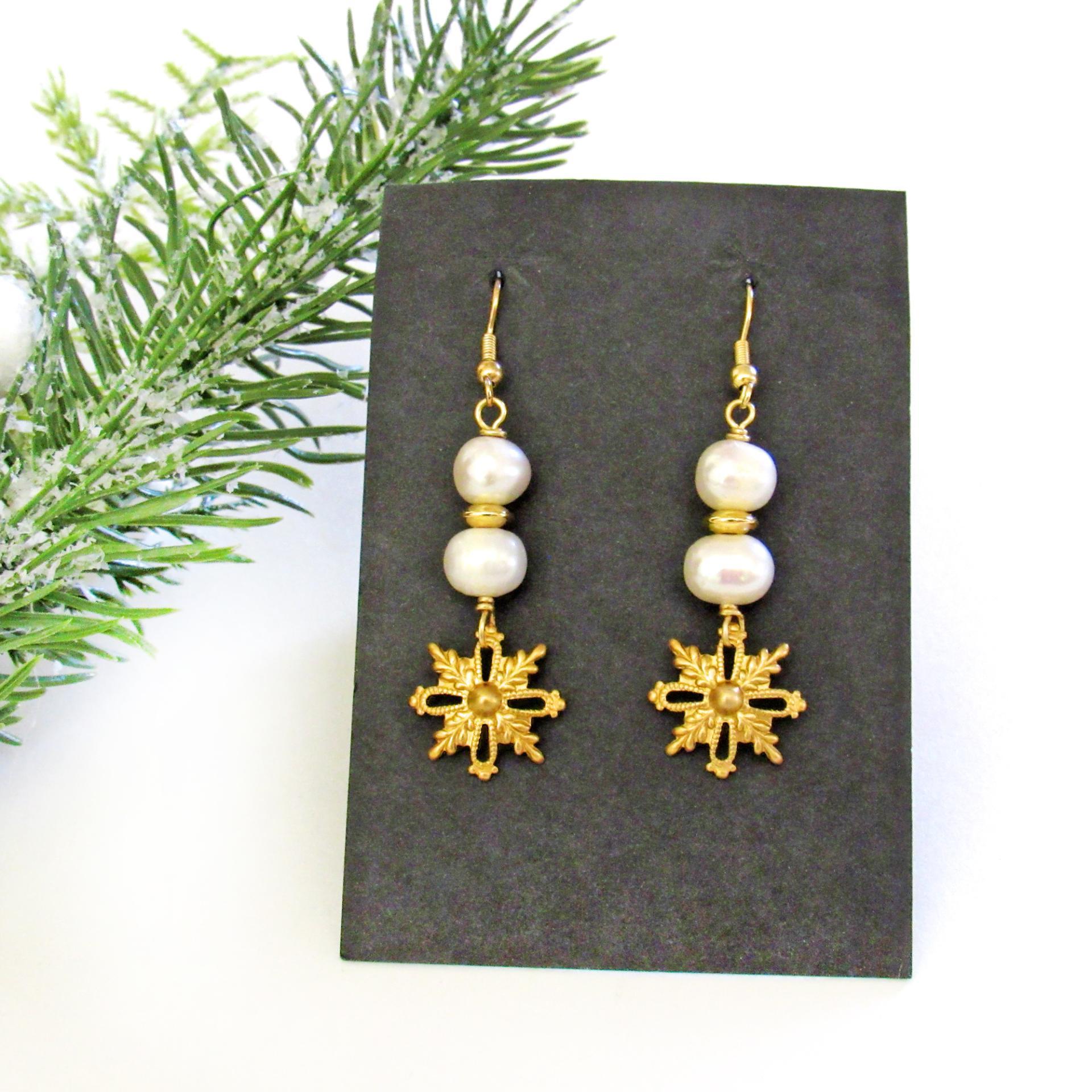 White Pearl and Gold Brass Snowflake Dangle Earrings - Elegant Modern Classic Chic Jewelry Gifts for Women