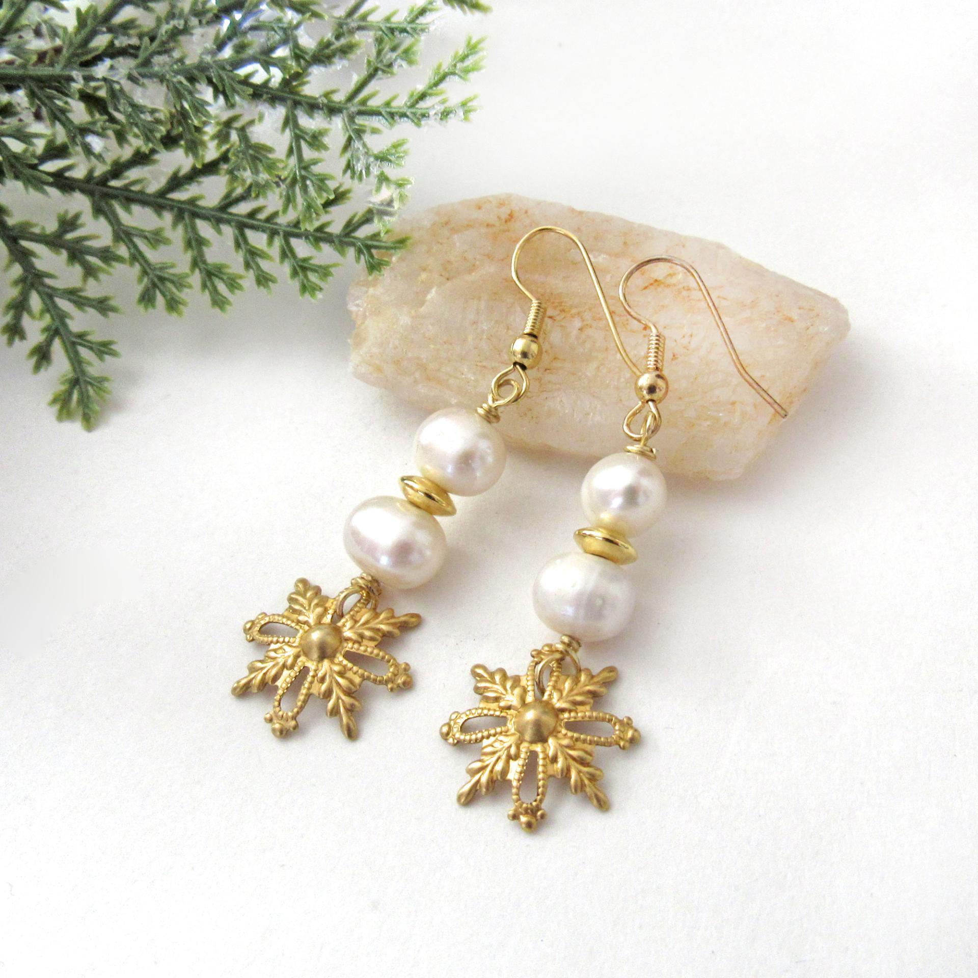 White Pearl and Gold Brass Snowflake Dangle Earrings - Elegant Modern Classic Chic Jewelry Gifts for Women