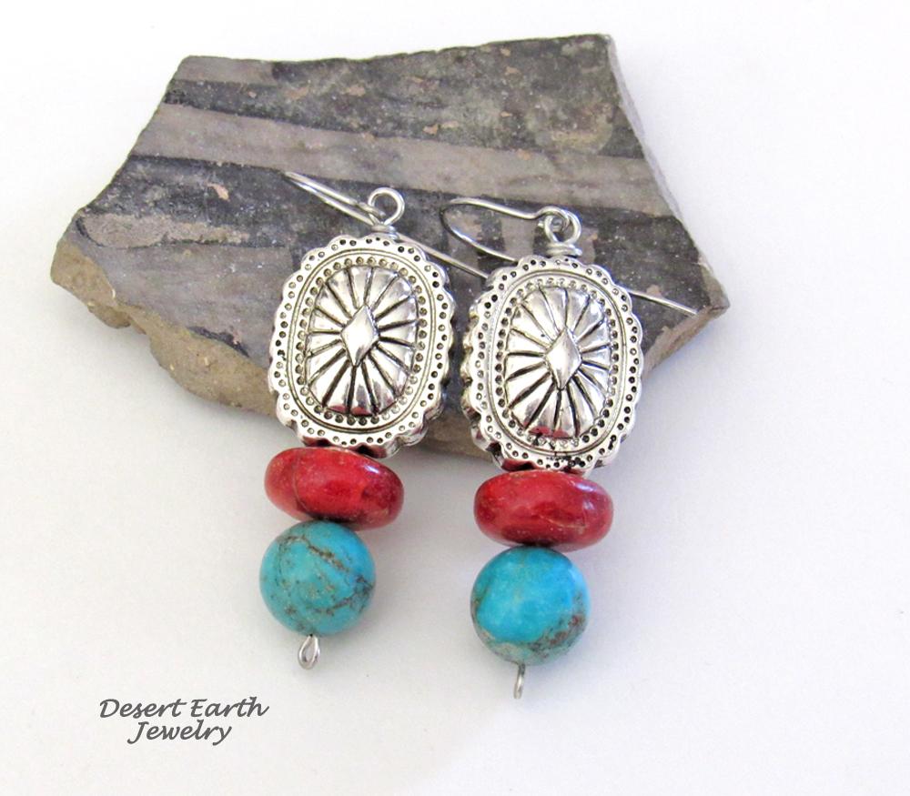 Southwest Concho Earrings with Turquoise & Red Coral - Handmade Boho Southwestern Style Jewelry