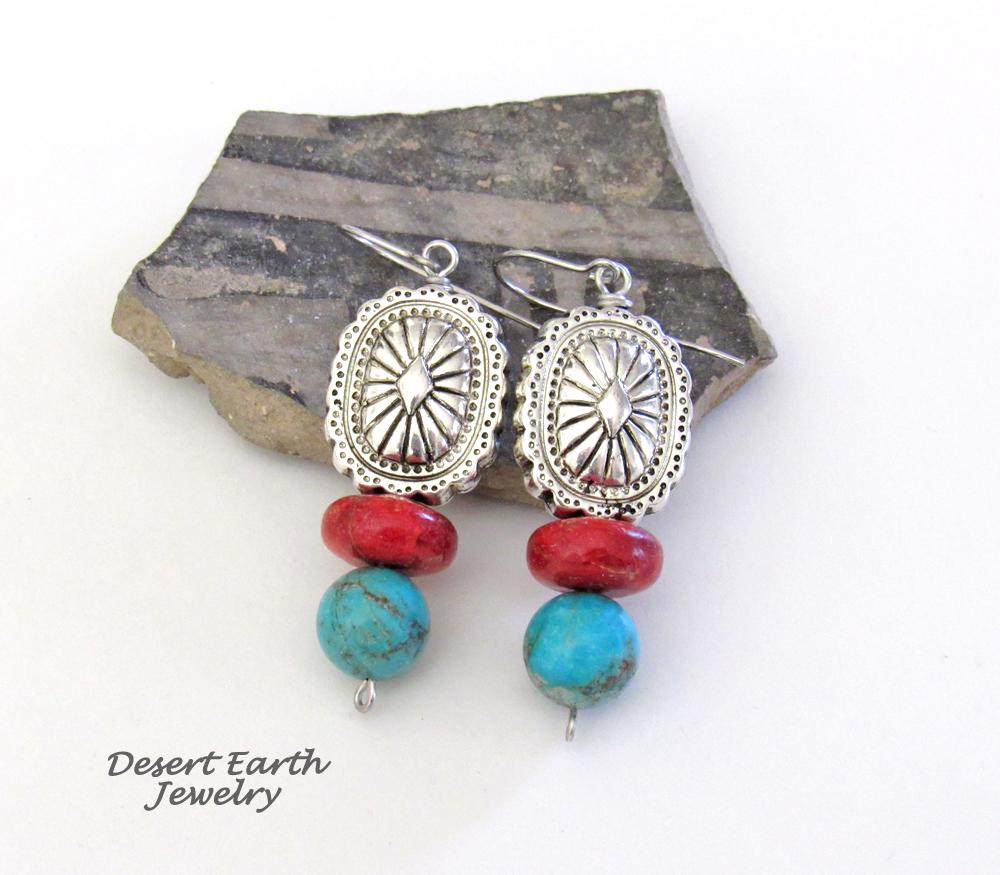 Southwest Concho Earrings with Turquoise & Red Coral - Handmade Boho Southwestern Style Jewelry