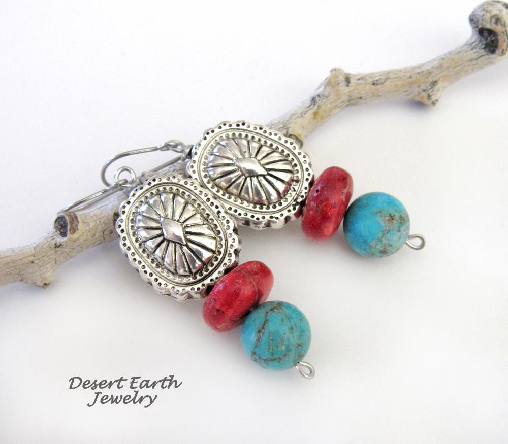 Southwest Concho Earrings with Turquoise & Red Coral - Handmade Boho Southwestern Style Jewelry