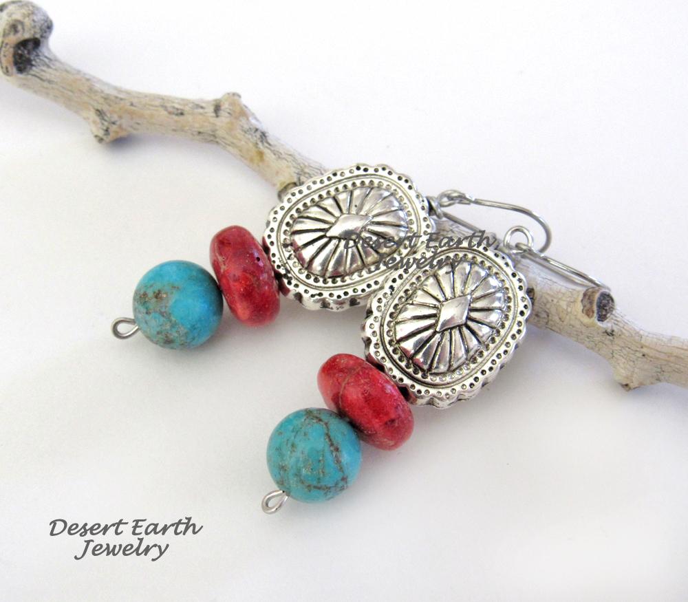 Southwest Concho Earrings with Turquoise & Red Coral - Handmade Boho Southwestern Style Jewelry