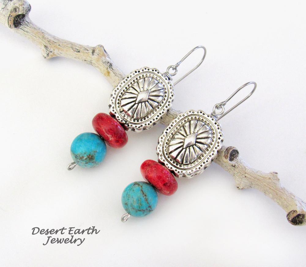 Southwest Concho Earrings with Turquoise & Red Coral - Handmade Boho Southwestern Style Jewelry