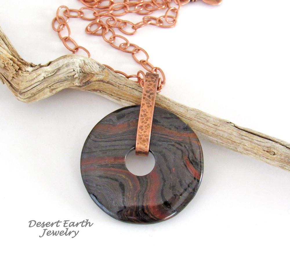 Tiger Iron Gemstone Pendant on Copper Chain Necklace - Rustic Earthy Natural Stone Jewelry for Men or Women