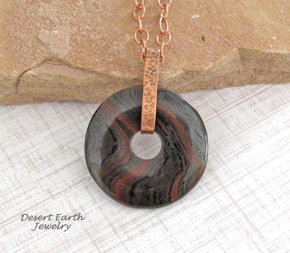 Tiger Iron Gemstone Pendant on Copper Chain Necklace - Rustic Earthy Natural Stone Jewelry for Men or Women