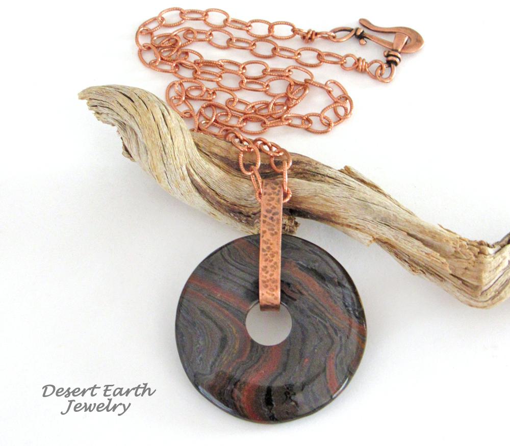 Tiger Iron Gemstone Pendant on Copper Chain Necklace - Rustic Earthy Natural Stone Jewelry for Men or Women