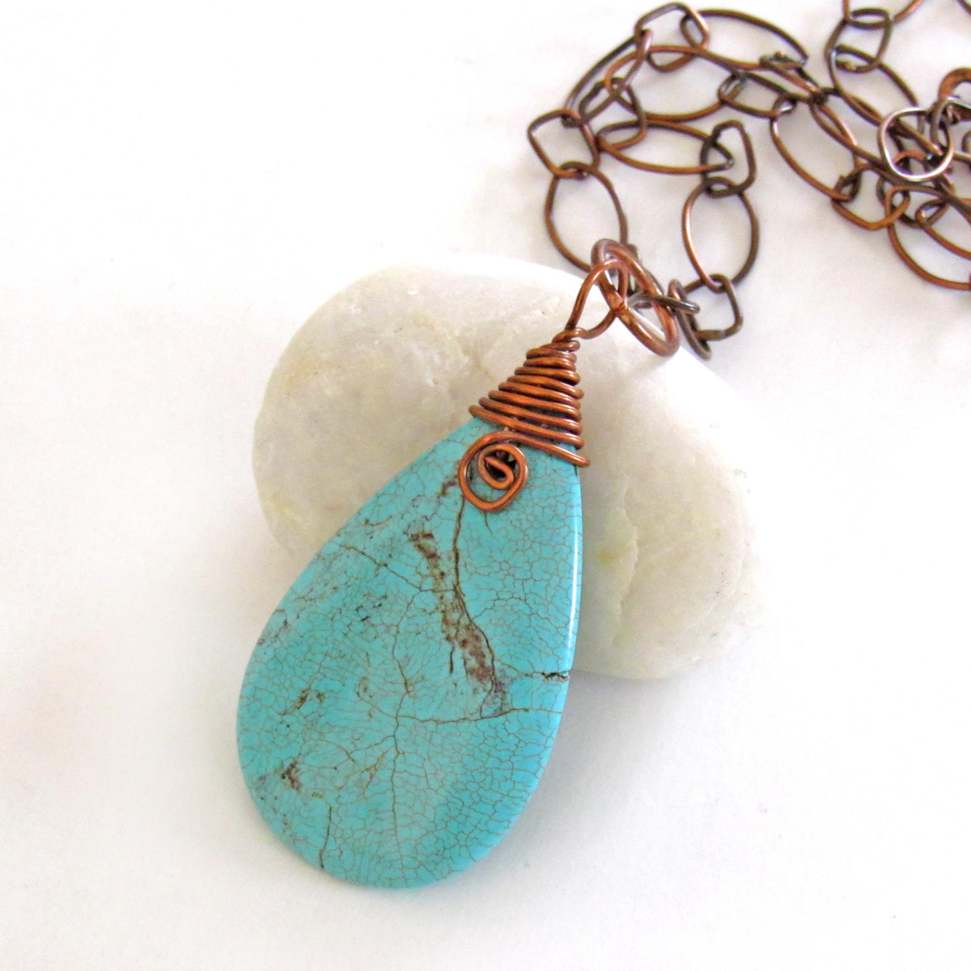 Wire Wrapped Turquoise Magnesite Stone Pendant on Copper Chain Necklace - Artisan Handmade Boho Chic Earthy Stone Jewelry