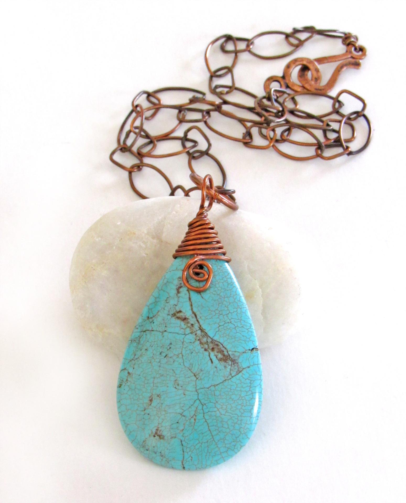 Wire Wrapped Turquoise Magnesite Stone Pendant on Copper Chain Necklace - Artisan Handmade Boho Chic Earthy Stone Jewelry