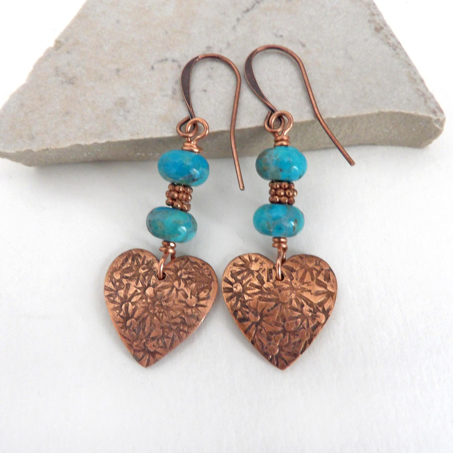 Small and petite, yet full of romantic charm - these handmade earrings feature small copper hearts with a hand stamped texture accented with blue turquoise stones and tiny copper beads. They'll make the perfect gift for someone special - a wonderful way to say "I love you" on Valentine's Day or any day! Makes a great gift for couples celebrating their 7th wedding anniversary - copper is the traditional choice for this occasion. Earrings are lightweight and comfortable to wear.