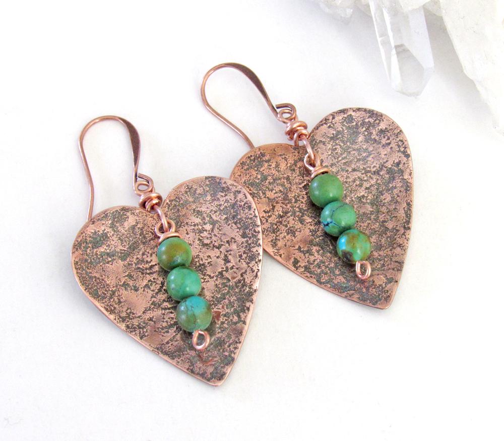 Rustic Copper Heart Earrings with Dangling Turquoise Stones