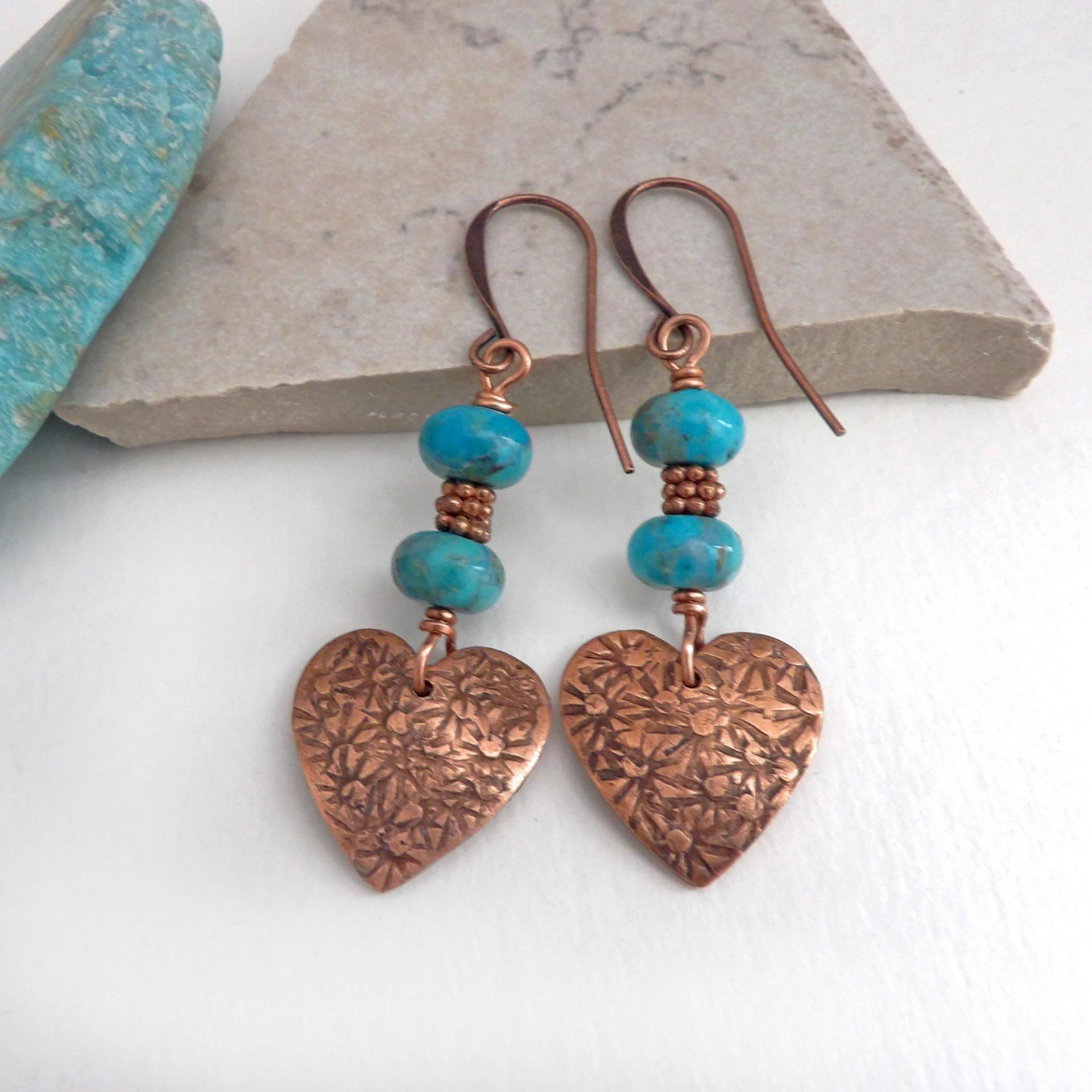 Small Copper Heart & Turquoise Earrings - Valentine's Day Jewelry Gifts for Women