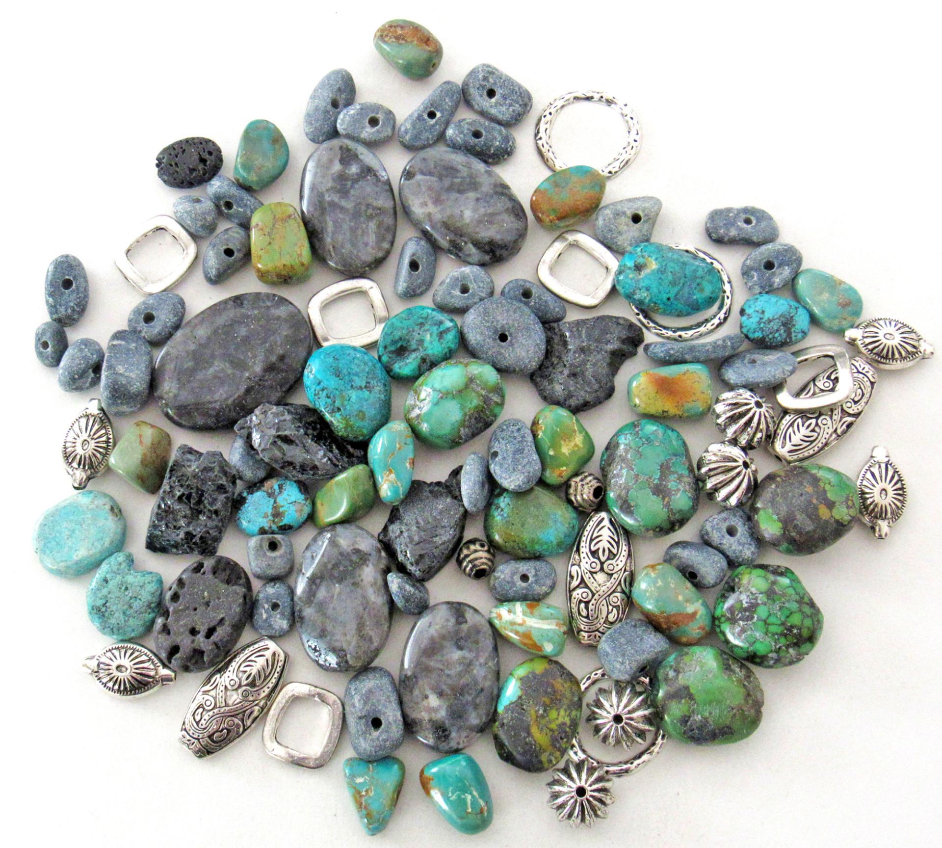 Mixed Bead Lot for Jewelry Making - Turquoise, Larvikite Norwegian Moonstone, Black Lava, Silver Tone Metal Beads - Destash Jewelry Supply