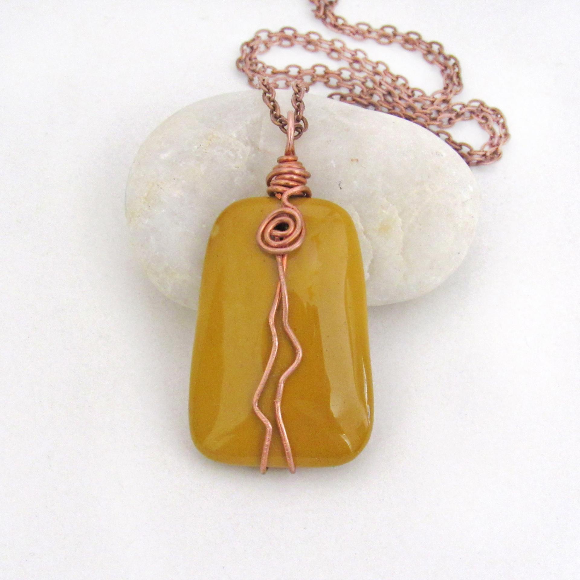 Yellow Jasper Pendant Necklace Wire Wrapped in Copper - Artisan Handmade Natural Earthy Gemstone Jewelry