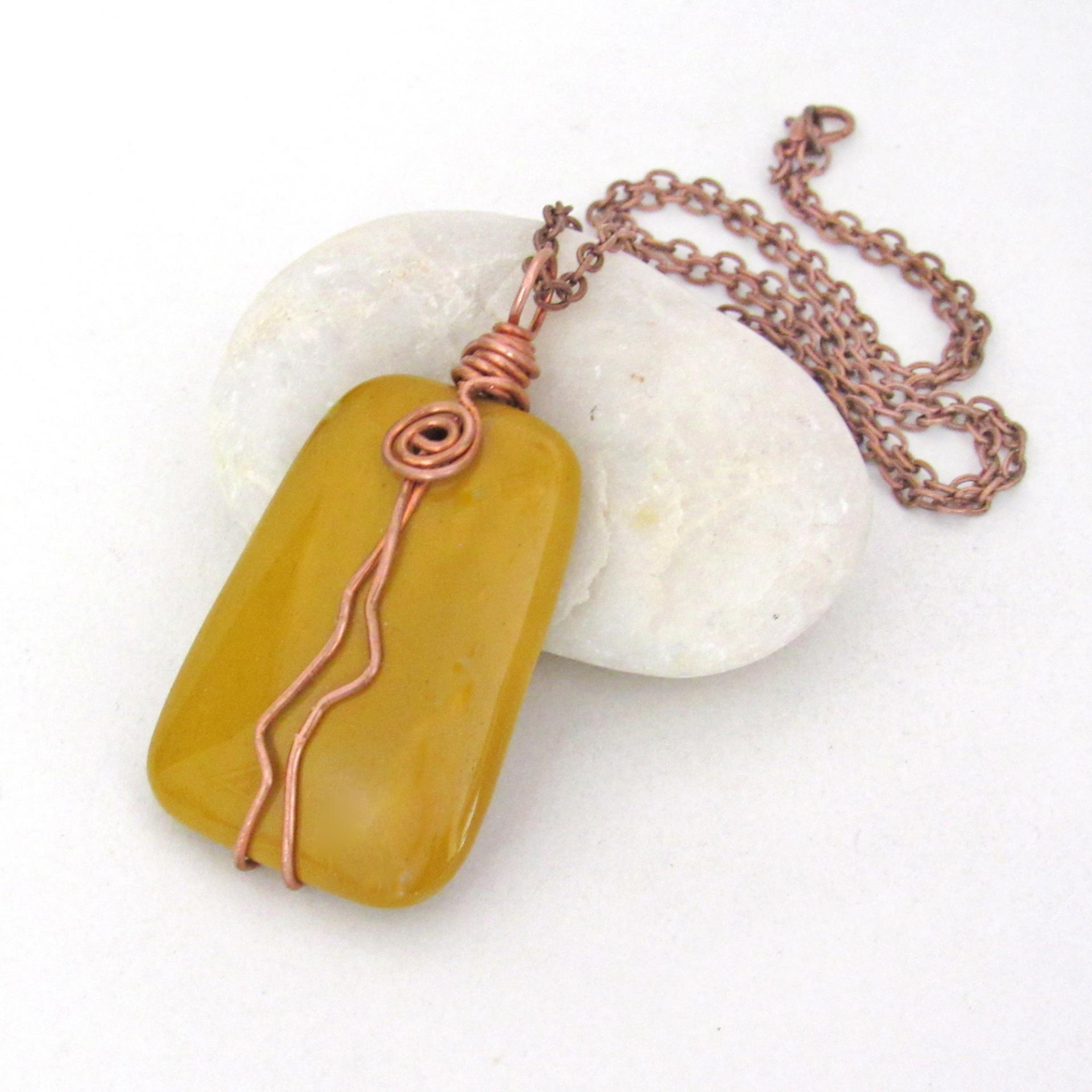 Yellow Jasper Pendant Necklace Wire Wrapped in Copper - Artisan Handmade Natural Earthy Gemstone Jewelry