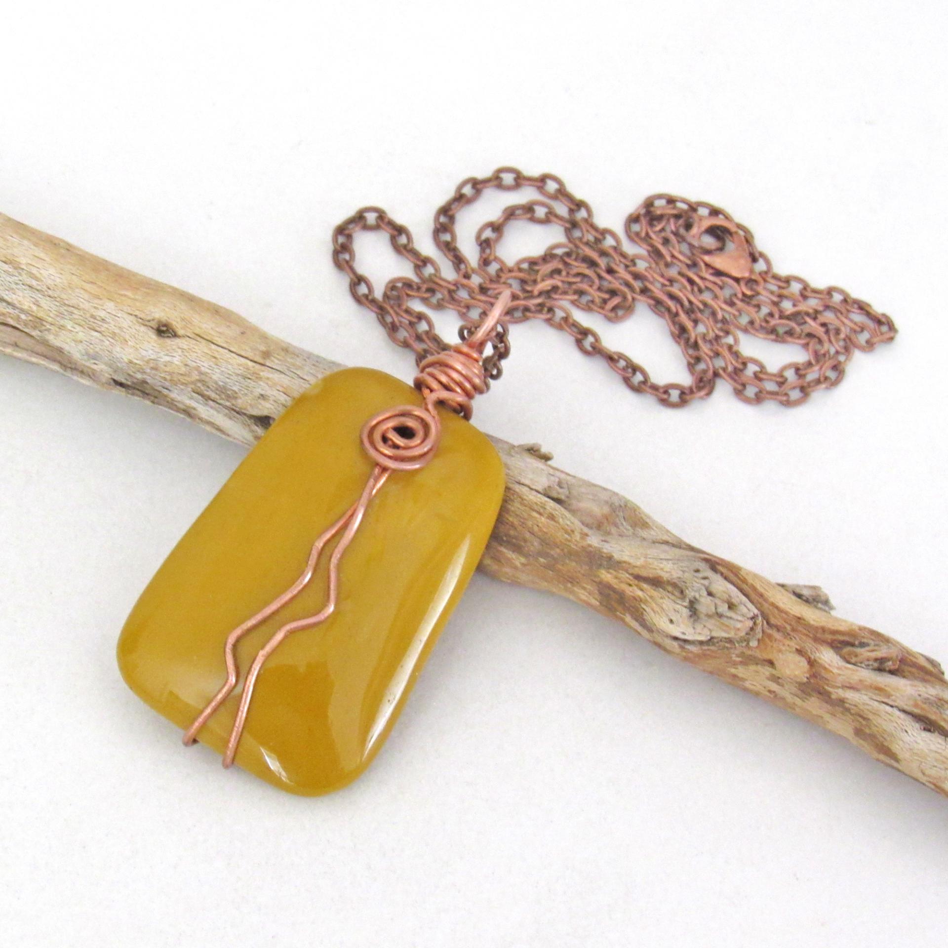 Yellow Jasper Pendant Necklace Wire Wrapped in Copper - Artisan Handmade Natural Earthy Gemstone Jewelry