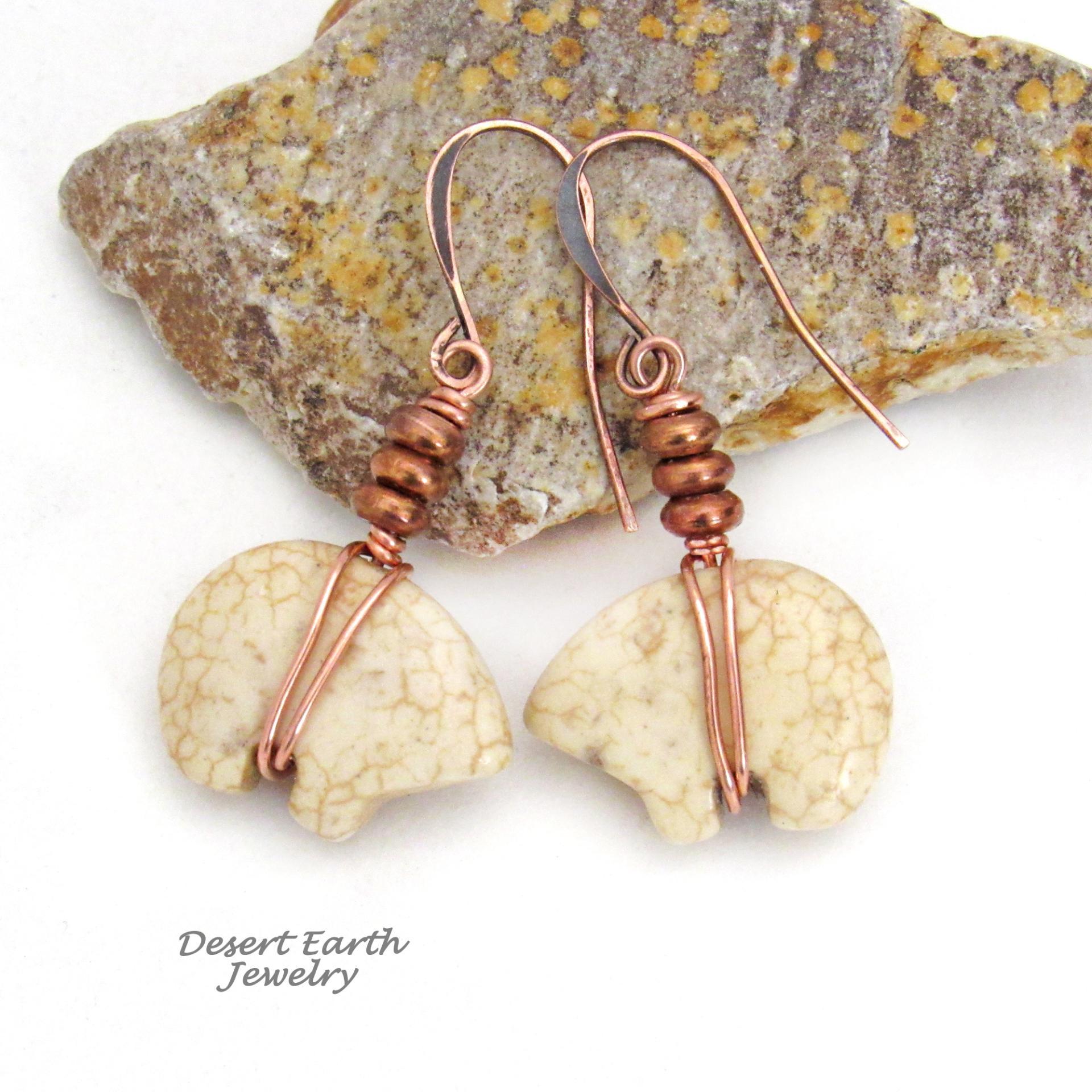 Small Zuni Bear Carved Stone Earrings with Copper Beads - Boho Tribal Native Style Southwestern Jewelry Gifts for Women