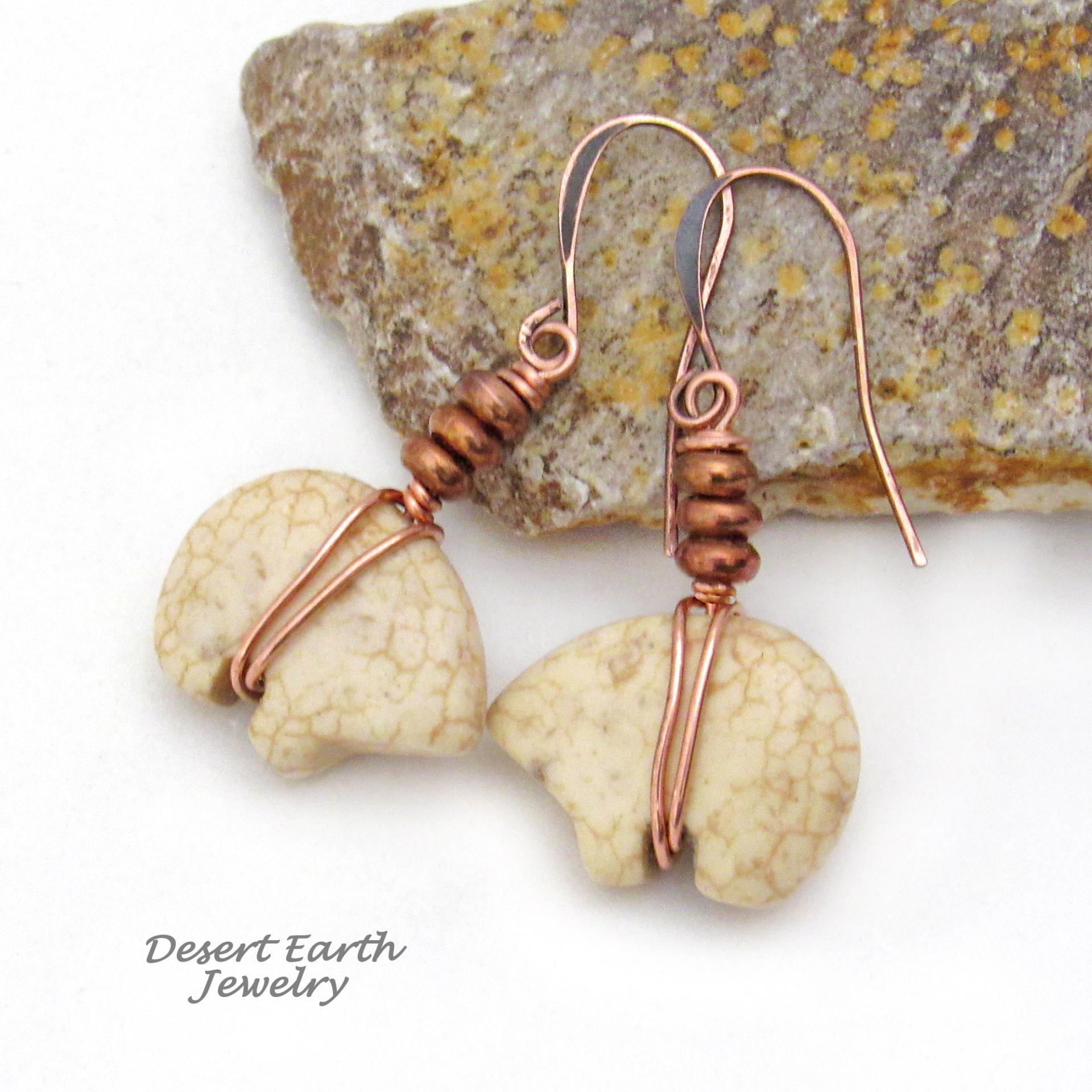 Small Zuni Bear Carved Stone Earrings with Copper Beads - Boho Tribal Native Style Southwestern Jewelry Gifts for Women