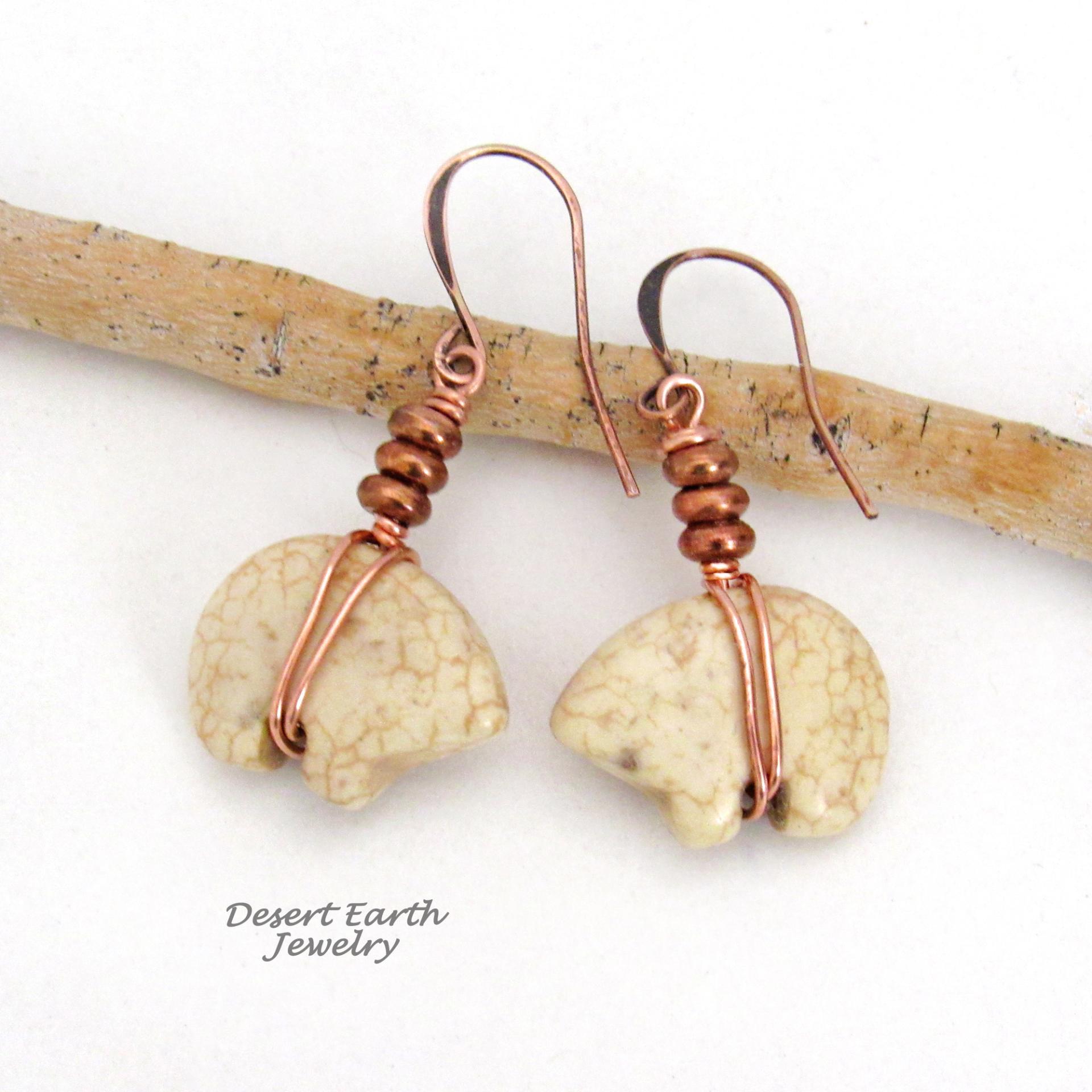 Small Zuni Bear Carved Stone Earrings with Copper Beads - Boho Tribal Native Style Southwestern Jewelry Gifts for Women