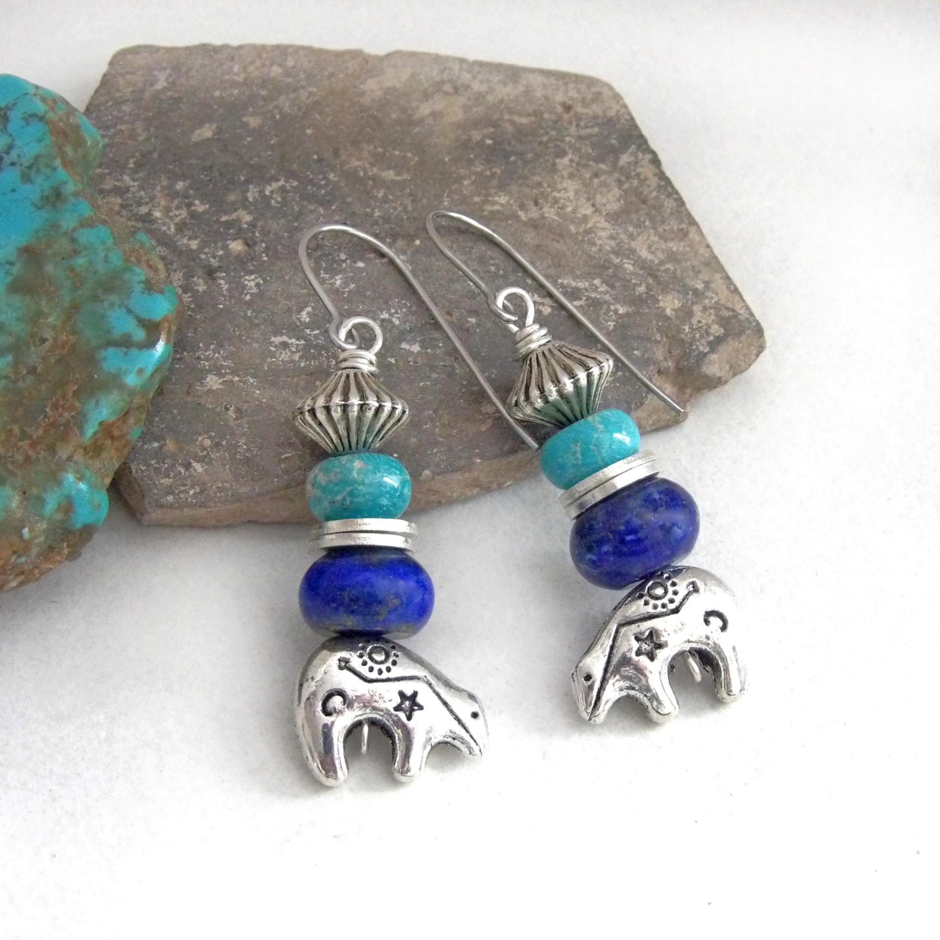 Small Zuni Bear Silver Pewter Earrings with Turquoise and Lapis Gemstones - Southwestern Style Jewelry