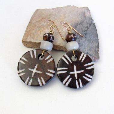 Round African Batik Carved Bone Earrings - Boho Ethnic Tribal Afrocentric Style Handmade Jewelry