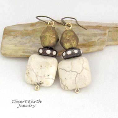 African Brass Tribal Earrings with Batik Bone Beads and Magnesite Stones - Bohemian Ethnic Afrocentric Style Jewelry