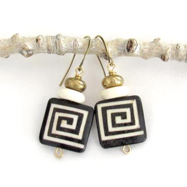 African Batik Bone Earrings with Greek Key Pattern - Bohemian Boho Ethnic Tribal Afrocentric Style Handmade Fashion Jewelry