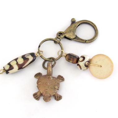 Tribal Purse Charm / Keychain with Vintage African Brass Turtle & Batik Bone Beads