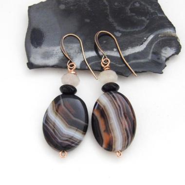 Black and Orange Banded Agate Gemstone Earrings with Black Onyx and Crystal Beads