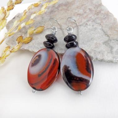 Banded Agate Gemstone Dangle Earrings with Black Onyx - One of a Kind Natural Stone Jewelry