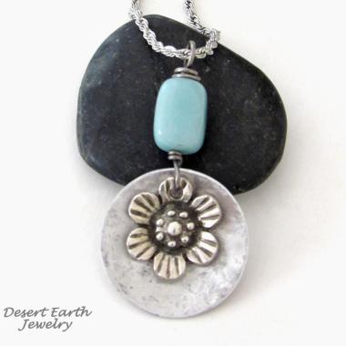 Silver Pewter Flower Pendant with Peruvian Blue Opal Stone on Stainless Steel Necklace - Floral Jewelry Gifts for Women