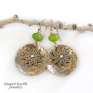 Gold Brass Dangle Earrings with Flower Charms & Green Serpentine Stones - Nature Jewelry Gifts for Women