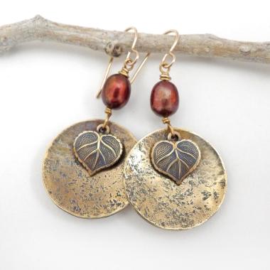 Gold Brass Earrings with Leaf Charms and Bronze Pearls - Earthy Nature Jewelry