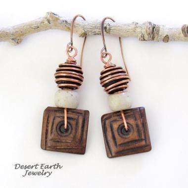 Boho Beaded Dangle Earrings with Brown Wood, Copper and African Glass Beads 